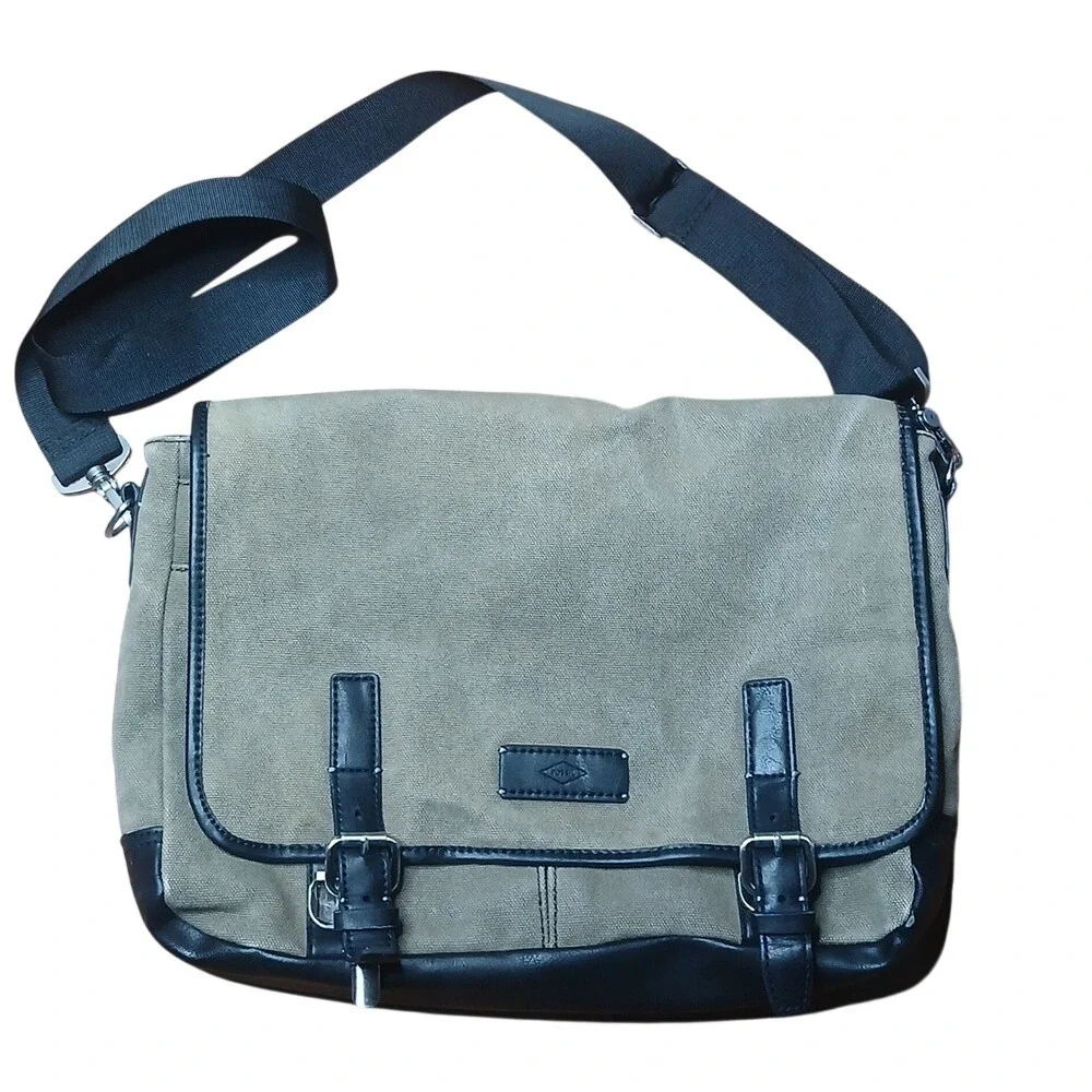 Fossil Messenger Bag Mens Tan Canvas Faux Leather Buckle Strap Laptop